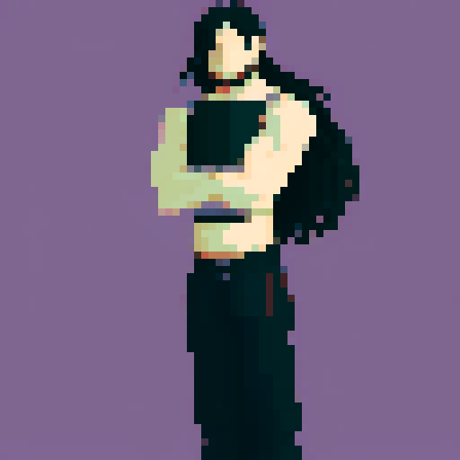 Buff white man, arms crossed, long black hair, purple eyes, shirtless, black baggy pants, fantasy, pixel art