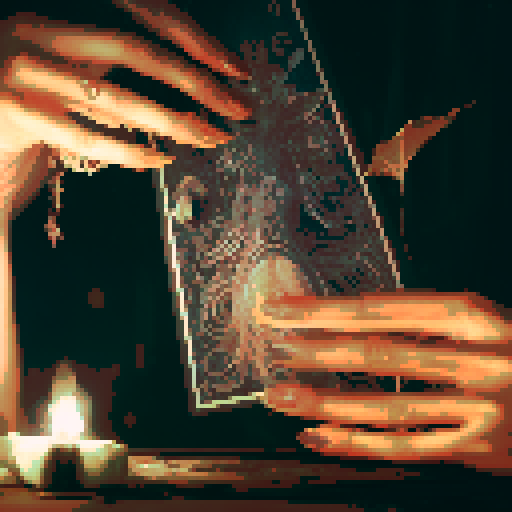 A close-up of a woman's hands over a table during a tarot card reading in a medieval dark style. The table is adorned with elements of the ocean such as sea shells, sand, and small pieces of coral. The atmosphere is mystical and dimly lit, with candlelight casting shadows that enhance the eerie and magical mood. The woman's hands are gracefully poised over the cards, which also have oceanic designs like waves and mermaids.