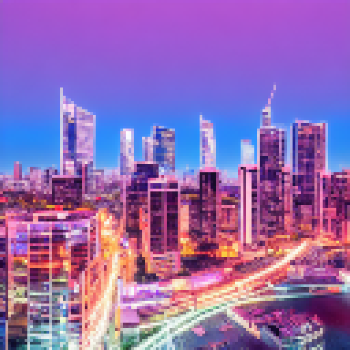 Towering skyscrapers with pixelated billboards and glowing ads light up a neon-lit cityscape as the urban sunset casts a warm glow over the landscape. (Landscape Portrait)