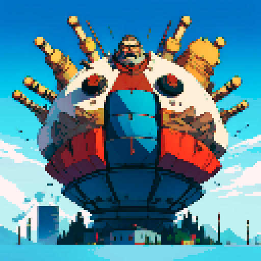 full-body image of mad scientist, fat, mustache, giant robot in background