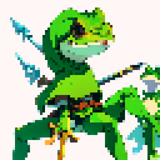 no background, frog warrior holding spear, sprite, white background,