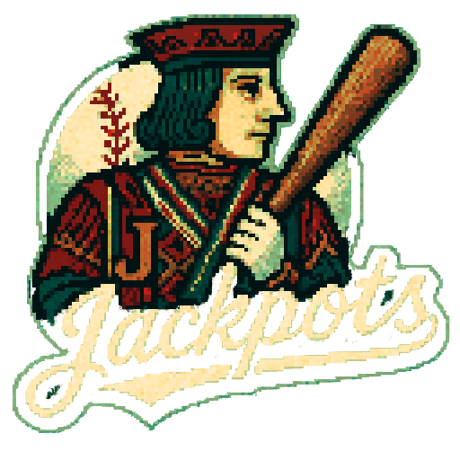 Pixel art of a fictional baseball team called the Jackpots. Use the Jack from a deck of playing cards. dark green, red and off white, sharp outlines, and soft pixel shading. The logo design mimics 80s MLB logos. Use a vibrant Sega Genesis 16-bit style with selective dithering, geometric forms, and nostalgic retro charm. Avoid modern gradients—keep it pure pixel art.