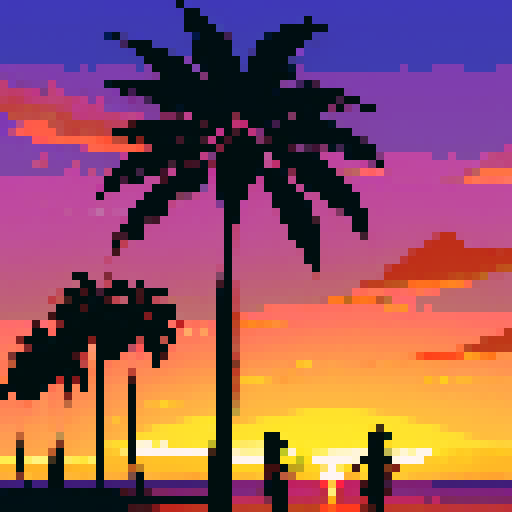 palm trees silhouetted against a fiery sunset sky, golden sand reflecting hues of orange and purple