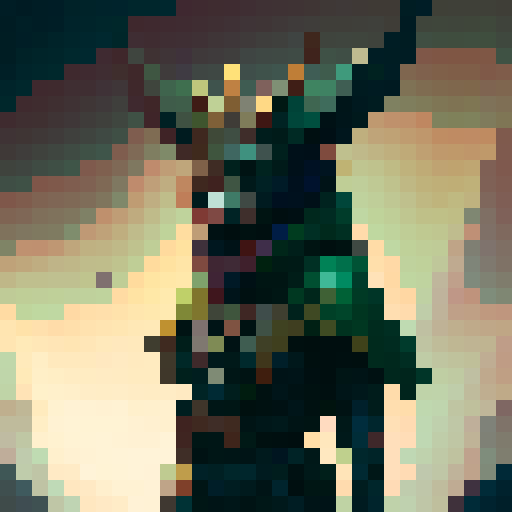 Huntress character with old green cape, wooden horns and bow