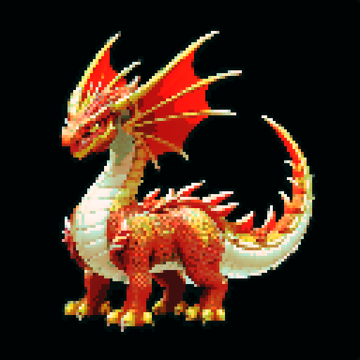 A majestic, fully grown dragon with gleaming scales and powerful wings. It has a wise and regal expression, with large horns and a long, spiked tail. Its eyes are filled with ancient knowledge, and it exudes an aura of strength and authority. No background.

