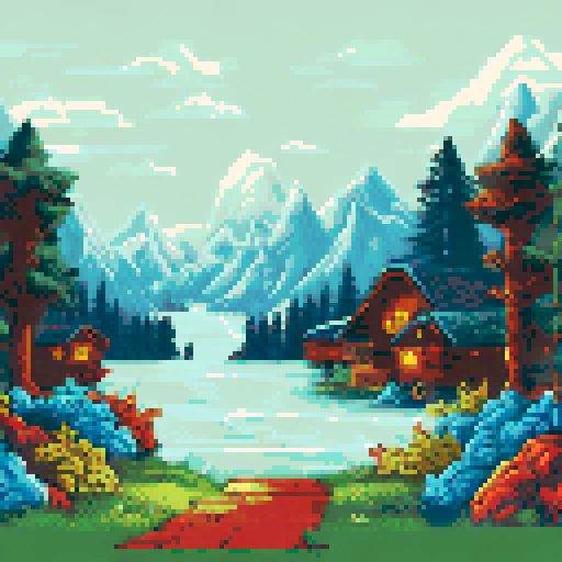 Snow-capped peaks towering over pine forests and frozen lakes, with a cozy cabin nestled in the valley, all rendered in a vibrant, pixelated art style on an sRGB background
