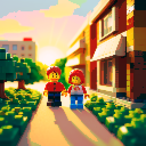 In front of the Lego store in the summer evening, a girl held the hand of a boy, and the leaves fell in the breeze under the setting sun.
