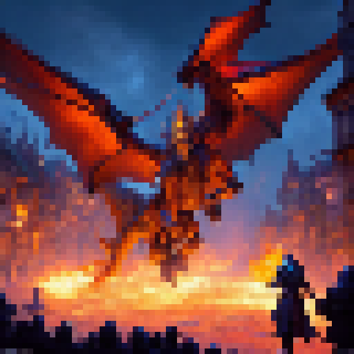 Fiery dragon swoops down, scorching cobblestone streets of bustling medieval city, while knights in shining armor raise swords to defend their kingdom in a fantastical RPG world