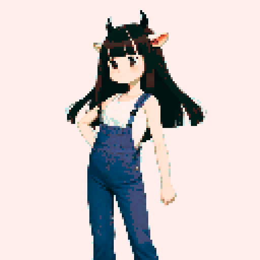 neutral anime cow girl, black long straight hair, front bangs, cream cow horns, brown cow ears with pink inside, large brown eyes, soft sparkle in eyes, neutral expression, calm face, small closed mouth, relaxed eyebrows, cow-themed outfit, cow print overalls (dark denim with black splotches), cream low-cut tank top underneath, slight visible cleavage, arms straight down at sides, soft posture, centered composition, standing idle, no movement, soft shading, clean outline, no background