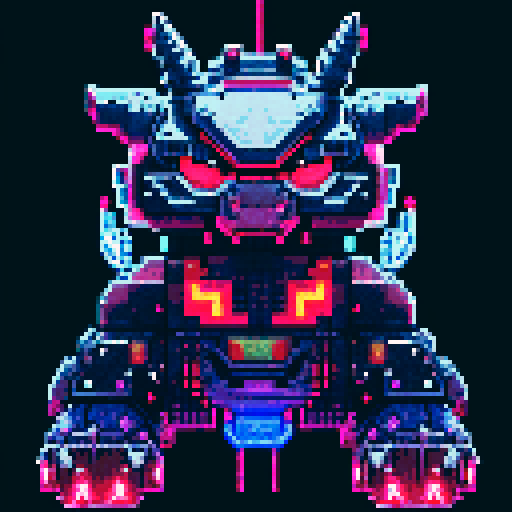 Mechagodzilla, towering metallic behemoth, adorned with intricate pixel art details, glowing with vibrant sRGB colors