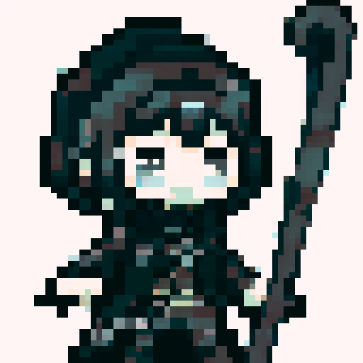 chibi, 1girl, Angel of death, pale skin, black wings, black hair, hood, cloak, stoic expression, holding scythe, cute