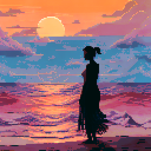 Sunset over the ocean, with waves crashing onto the shore, palm trees swaying in the wind, and a pink and orange sky illuminating the horizon