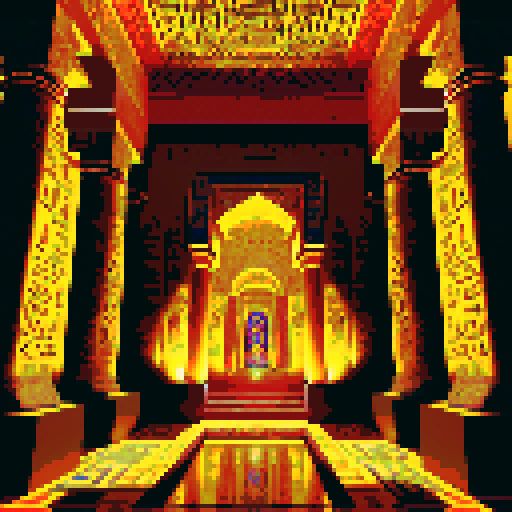 interior, top down, Egyptian tomb, hieroglyphics, torchlit, flickering flames, golden sarcophagus, bejeweled, intricate carvings, vibrant colors, ancient artifacts, mysterious shadows, ornate pillars, mosaic floor, elaborate wall paintings, ethereal atmosphere