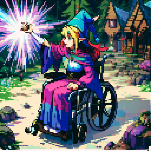 wheelchair-bound elf, magic, forest, pointy hat, vibrant colors, whimsical, pixelated, sRGB