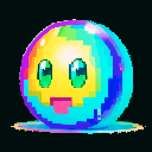 A radiant, multi-colored slime with a prismatic body that splits light into vibrant colors. It has luminous eyes and a delighted expression, with a rainbow effect shimmering across its surface. No background.

