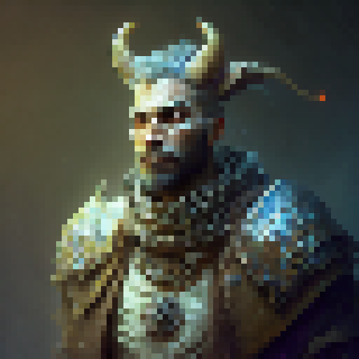 Rugged, bearded warrior with piercing eyes wears a horned helmet and intricate chainmail, brandishing a glowing, enchanted sword amidst a fantastical RPG world - all in highly-detailed, pixel-perfect concept art style.