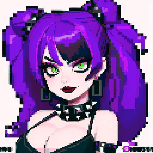 curvy, cute busty goth woman's face, whole head portrait, black hair, purple eyeshadow, red lipstick, low cut black halter top, studded collar, vibrant sRGB colors, edgy aesthetic. Mischievous look.