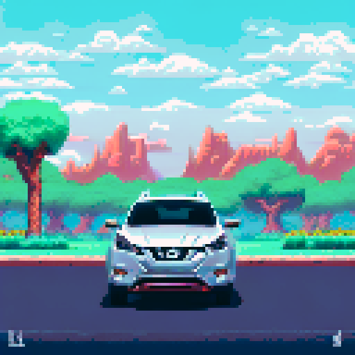Photorealistic whole Nissan Rogue, three-quarter view, right front wheel, clean background, sRGB colors, pixel art style
