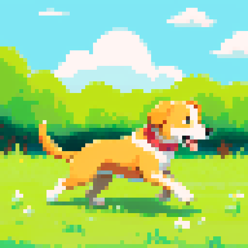 happy dog running on a grass, summer sky, full body