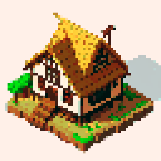 top-down, wooden village house with a thatched roof, asset