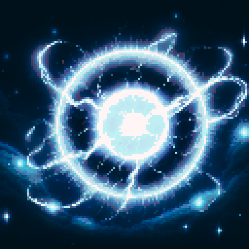 white, glowing, magical, electric orb, floating in space, wide image, sRGB, pixel art, background, landscape
