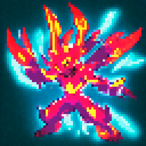 Burning with fury, a fiery humanoid strides forward, its blazing body flickering with orange and red flames, captured in anime-style animation frames.