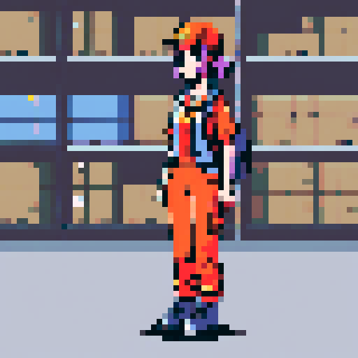 young, female warehouse worker, Amazon Germany, pixel art
