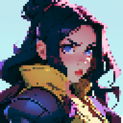 strong, busty, pixelated tavernkeeper woman portrait with non-vibrant colors, emphasized facial features