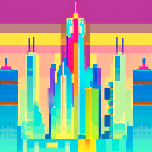 tall skyscraper, vibrant colors, geometric shapes, bustling streets, retro aesthetic, neon lights, 8-bit graphics, symmetrical composition, high contrast, cityscape