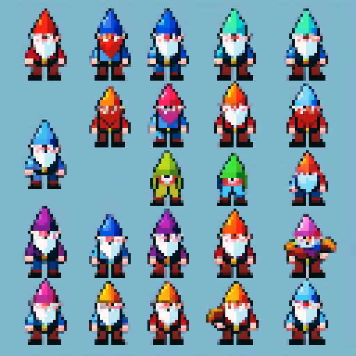 9 gnome sprites. modern crosstitch style
