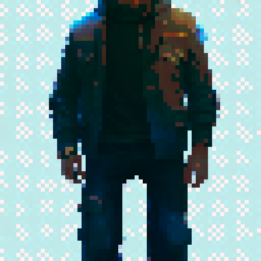 pixel character front view, 45 years old man with black and grey hair, blue jeans and brown jacket 