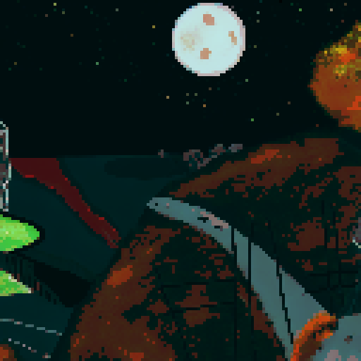 The scene is set as the main protagonist, gurney as seen in the bottom right is on a hill looking over a desolate area with sparse plant life up in flame. We see the back of his head, with his distinct jaw and a cigarette in his mouth. in the distance is a large laboratory, which has smoke coming out of it and a hole in the top. The sky is full of starts, a moon and a distant alien planet