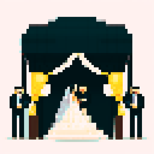 bride with fair skin, black hair, and tall stature, groom with ethnic features and short stature, both under white cloth chuppah, at a Jewish wedding, against a black background, in a flat color, pixel art style, emphasizing sRGB