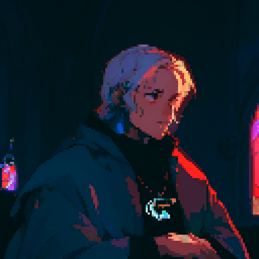 Priest, stained glass windows, vibrant colors, ornate robes, pixelated halos, illuminated Bible, candlelit altar, mosaic patterns, religious symbols, low resolution, retro aesthetic