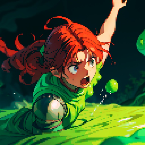 hero sinking into slime, hero drowning in slime, hero has red hair, hero has silver armor, reaching up, panic, sinking deep into slime