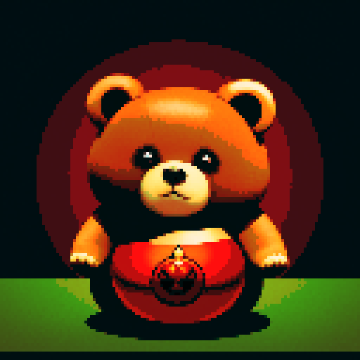 Gothic chibi chubby bear surrounded by red background, black shadows, button eyes, brown fur, looks like a doll. There is a magic ball on a table with a red tablecloth, a satanic pendant around his neck, a glowing wax candle burning at the back. A mascot pose is used, the whole image looks like a poster for an old retro pixel video game.