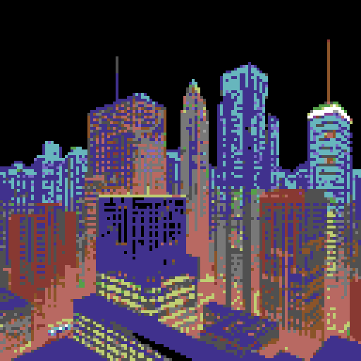 large skyscrapers at night, large dark blue sky, viewed from afar, retro, nostalgic feel
