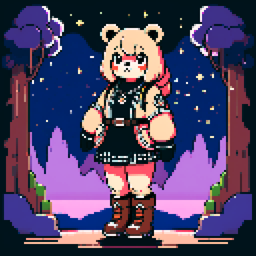 A graphic depiction of a chubby puffy bear in retro 1995 anime style, chibi form, pixel art, half body, ellipse head,with black puppet eyes and brown fur, styled with long twin pigtails. Wearing magical clothes with intricate belts and patches. Background of a wild magic night with a dark waterfall and bright stars. Created Using: classic anime aesthetics, detailed magical garments, enchanting night setting, vivid portrayal, star reflections, dynamic composition, hd quality --ar 2:3 --v 6.0 niji