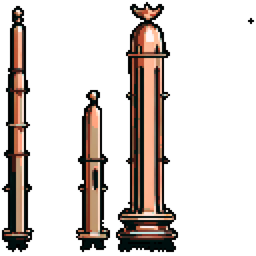 I want a tall vertical copper structure reminiscent of a organ pipe. It should have strange mechanical details that could interlock with each other. I also want this object usable an asset in a videogame, meaning only one object per image, outlined with a strong black stroke, on a solid-color background.