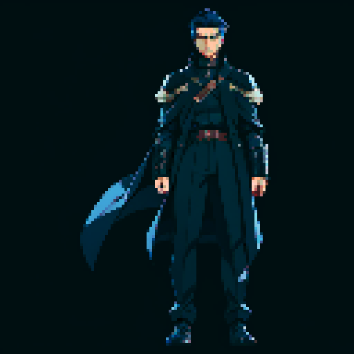 T-pose. Male. Full body. Short, dark blue hair. Black coat. Thin, covert, black armor underneath the coat.
