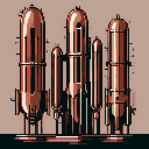 I want a tall vertical copper structure reminiscent of a organ pipe. It should have strange mechanical details that could interlock with each other. I also want this object usable an asset in a videogame, meaning only one object per image, outlined with a strong black stroke, on a solid-color background.