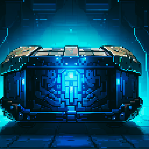 mystery box, stone, metall, shiny, pixel art, sRGB, vibrant colors, glowing lights, intricate patterns
