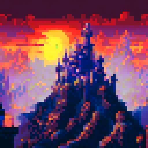 Gloomy temples with intricate carvings, towering over cramped streets lined with shrines, all set against a somber pixelated sRGB background of a cityscape