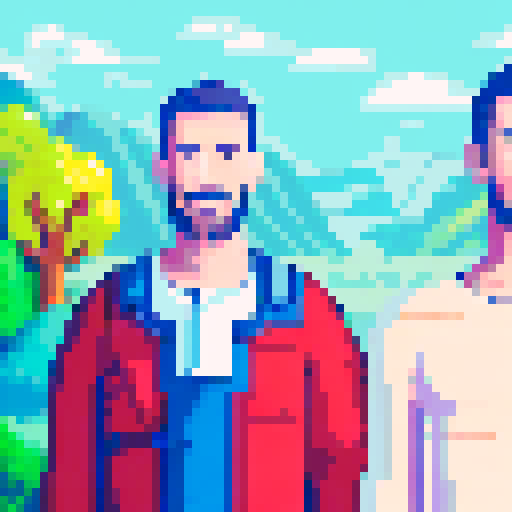 Rolling green hills dotted with sheep under a bright blue sky, a winding river flowing through the center of the landscape