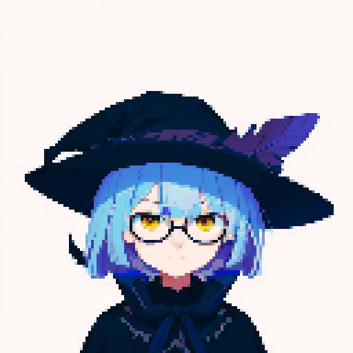 male, symmetrical face, closed mouth, yellow eyes, hair between eyes, solo male, straight-on, facing viewer, light blue hair, bob cut, white pupils, tsurime, pepekekeko, long bangs, flowing sleeves, capelet, perfect anatomy, blunt bangs, intricate details, witch hat, feather, glasses, pixel art, sRGB