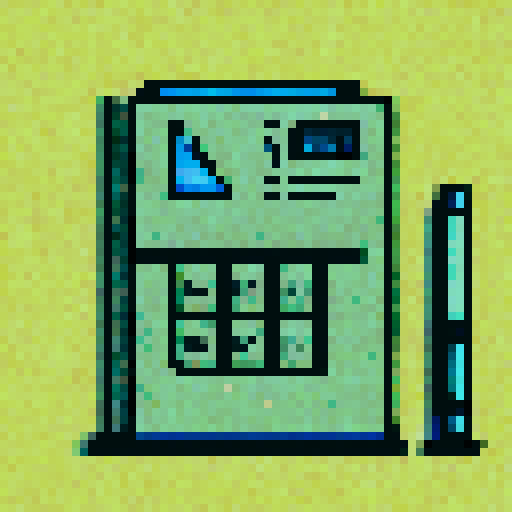 Pixelated landscape with a minimalistic desk featuring a BWL logo pen holder, a vintage calculator, and a neat stack of paperwork against a sleek black background, all in muted, soft colors