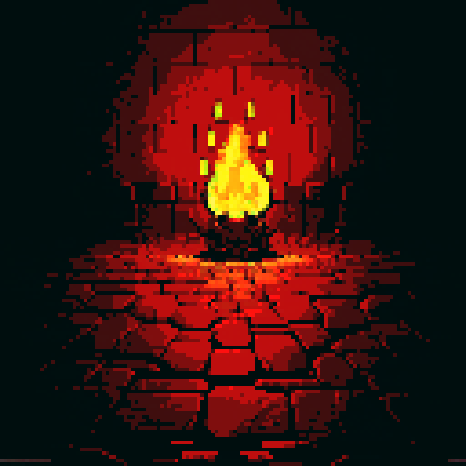 Pixel art flames flickering on a blood-red, cracked, stone floor, with eerie shadows dancing under dim, flickering torchlight in Satan's lair