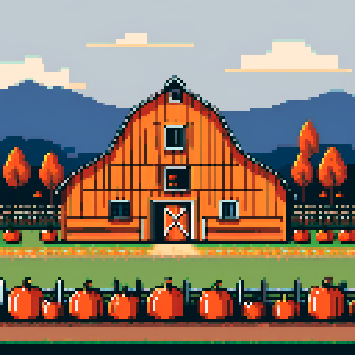 A large barn with a pumpkin patch in the background