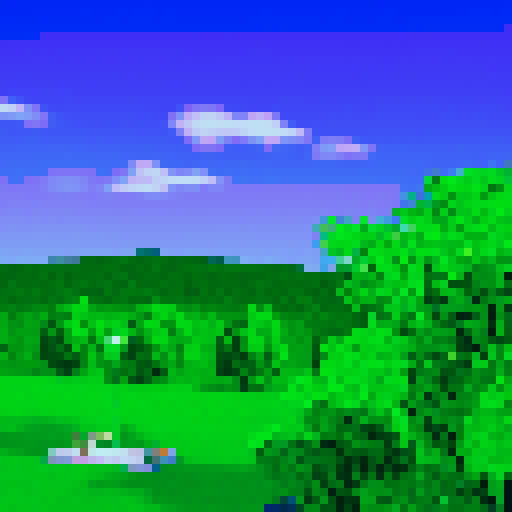 Park area, green grass, fountain