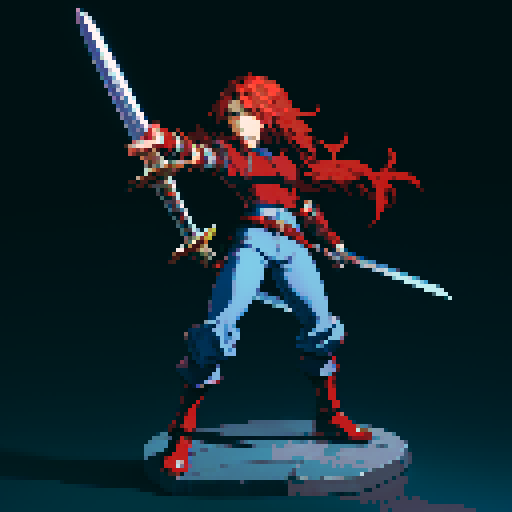 Sprite of a JRPG character with red hair, silver armor, blue pants and black shoes, holding a sword.